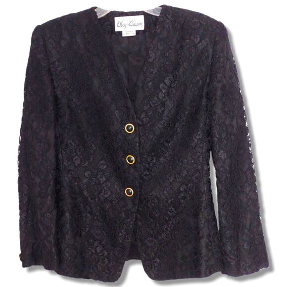 Oleg Cassini Black Lace Jacket Evening Gold Buttons V neck Vintage 10 - Picture 1 of 12
